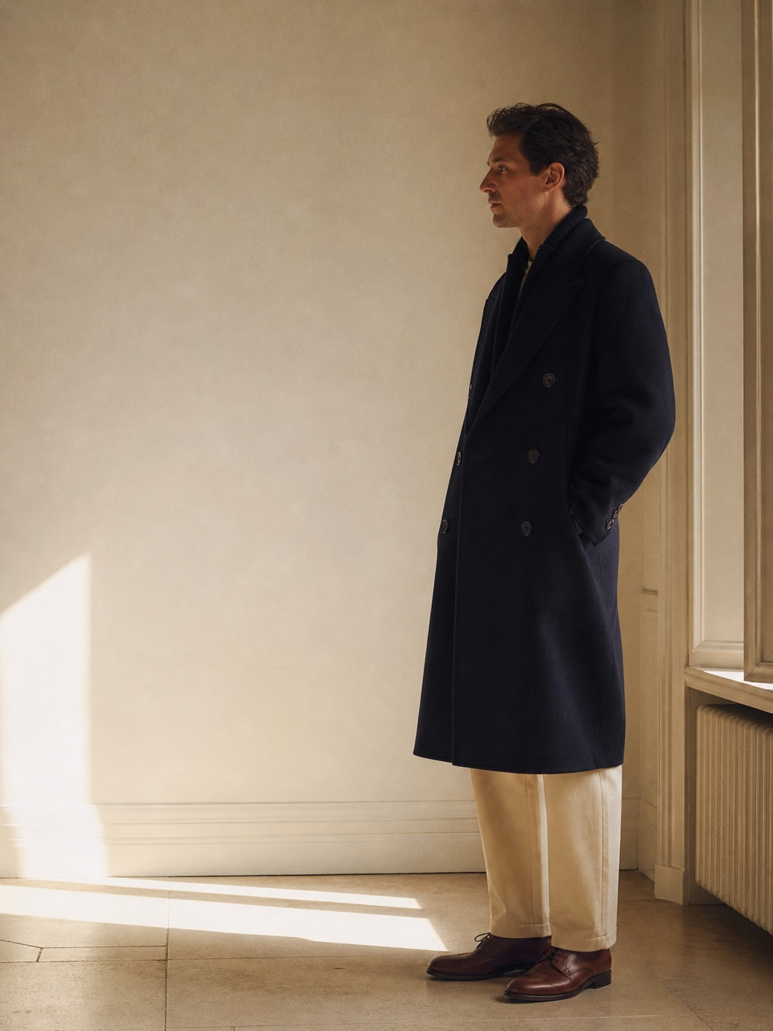 A navy wool coat and cream trouser in morning light, shadow falling through an arched window.