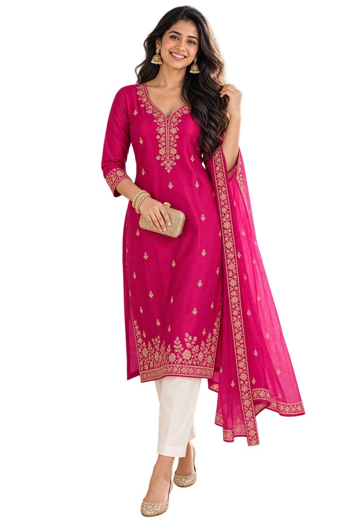 A woman in a fuchsia silk kurta with gold embroidery.