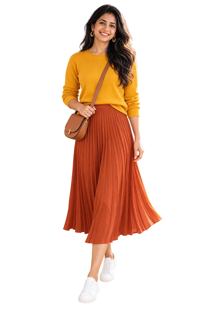 A woman in a mustard yellow sweater, a rust orange pleated skirt and white sneakers.