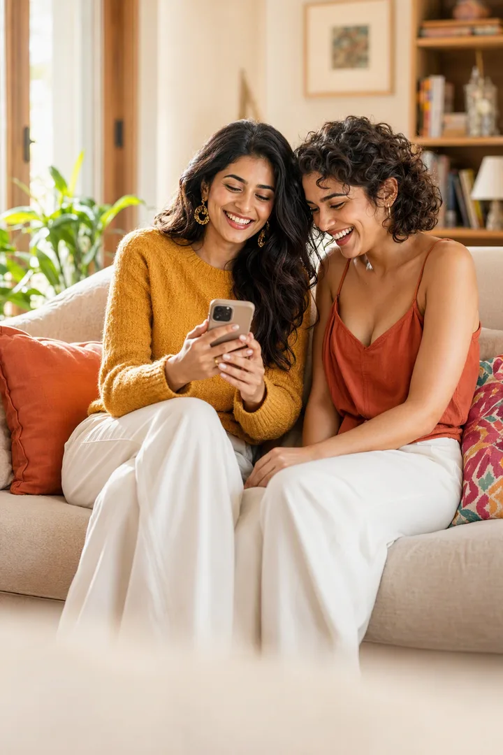 She sits on a sofa with a friend. They look at her phone together and laugh.