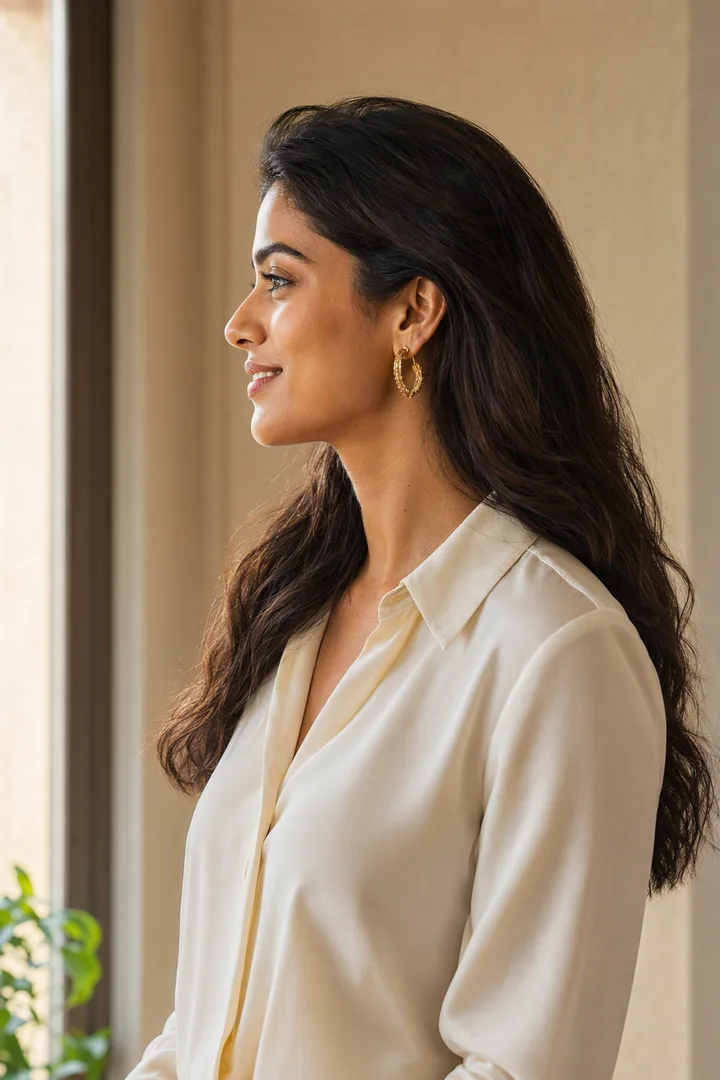 She stands by a window, seen from the side, her hair brushed back, in an ivory blouse and a gold hoop earring.