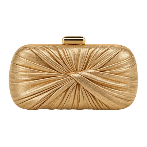 A gold clutch bag.