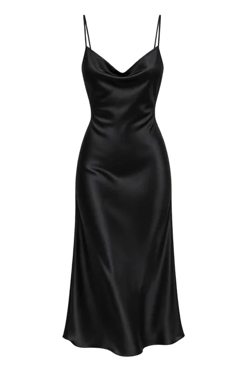 A black satin slip dress.