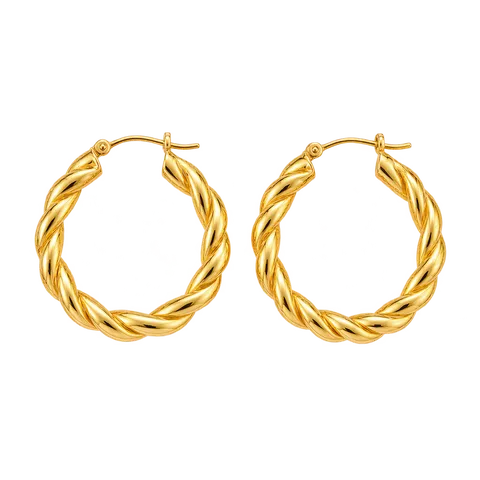 A pair of gold hoop earrings.