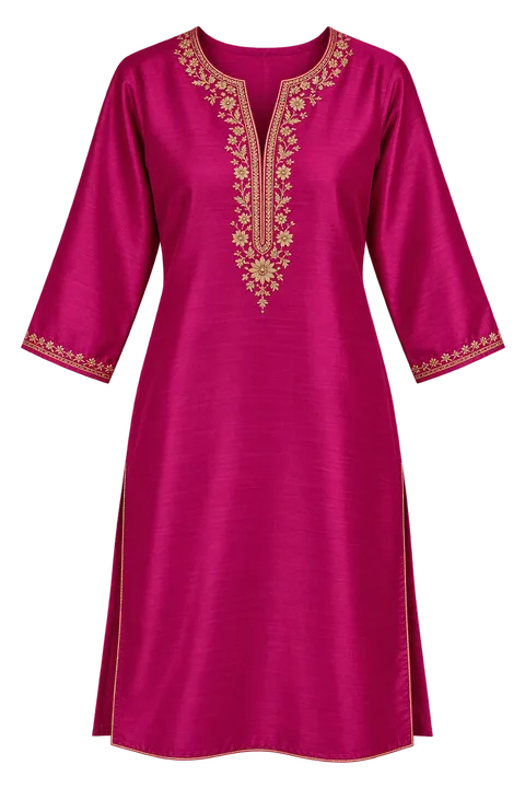 A fuchsia kurta with gold embroidery.