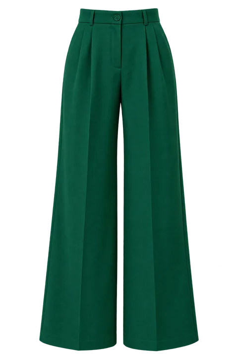 A pair of emerald green wide-leg pants.